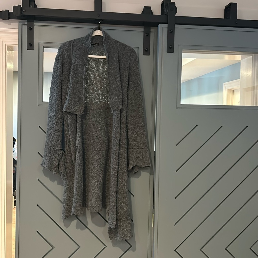 Sweater, coat style, light weight gray asymmetrical flared sleeve tie belt